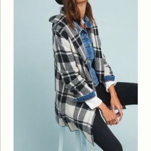 Anthropologie Black and White Hooded Plaid Sweater Coat